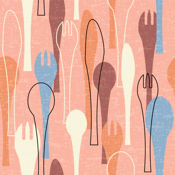 Seamless pattern of forks, spoons and knives. Retro mid century style design with tableware theme. Seamless pattern of forks, spoons and knives. Retro mid century style design with tableware theme. For backgrounds, decor, print and fabric design. Vector illustration. retro 1950s kitchen stock illustrations