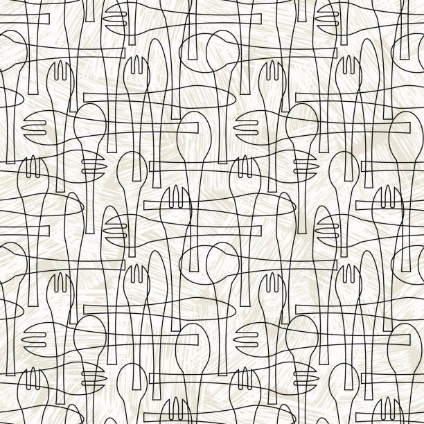 Seamless pattern of forks, spoons and knives. Retro mid century style design with tableware theme. Seamless pattern of forks, spoons and knives. Retro mid century style design with tableware theme. For backgrounds, decor, print and fabric design. Vector illustration. retro 1950s kitchen stock illustrations