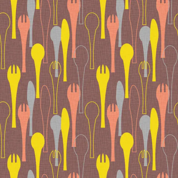 Vector illustration of Seamless pattern of forks, spoons and knives. Retro mid century style design with tableware theme.