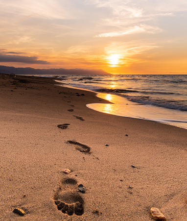 A Seascape With Footprints in the Sand in Vertical Format