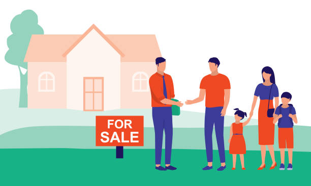 Family Man Buy House. Real Estate Concept. Vector Flat Cartoon Illustration. Customer Making Deal With Real Estate Agent. hispanic family stock illustrations