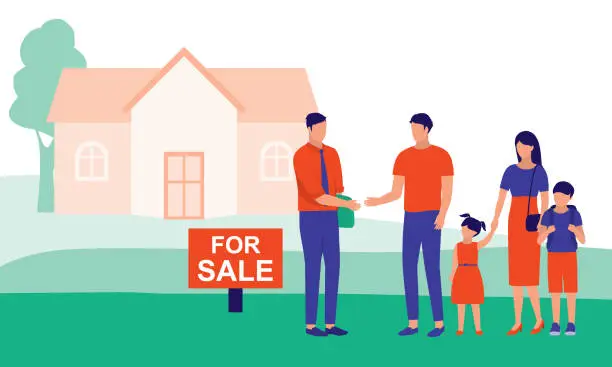 Vector illustration of Family Man Buy House. Real Estate Concept. Vector Flat Cartoon Illustration.
