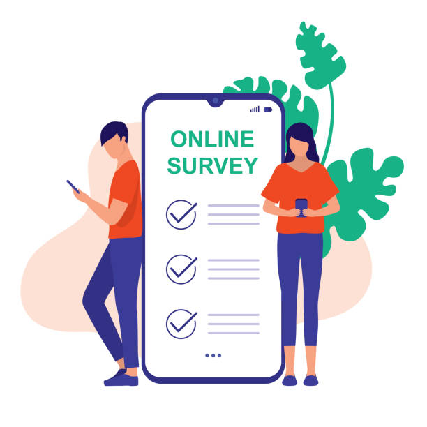 People Taking Online Survey On Their Mobile Devices. Online Survey Concept. Vector Flat Cartoon Illustration. Man And Woman Filling Out An Online Feedback Form. questionnaire stock illustrations