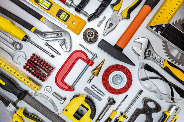 istock top view of working tools on metal background. construction concept. flat lay design 1307328923