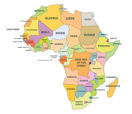 Political Map of Africa. Vector Illustration. Map with Name of Countries Isolated on White.