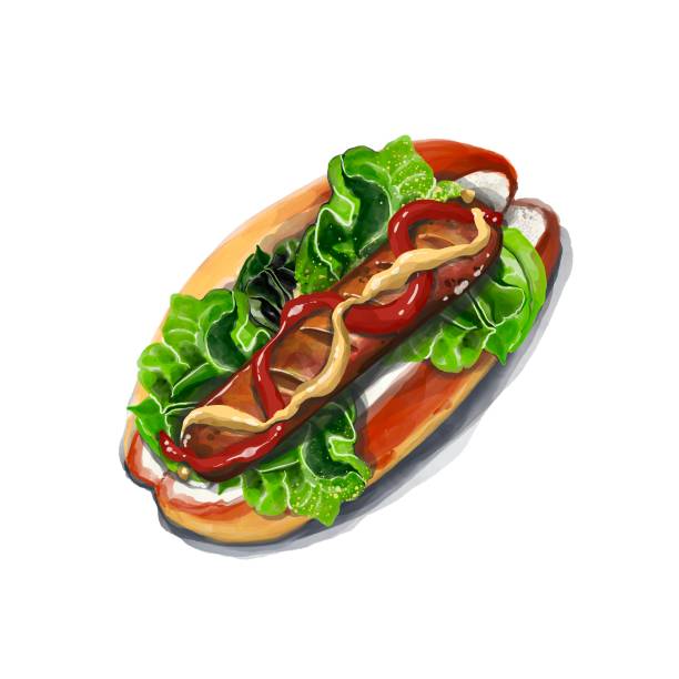 hand zeichnung aquarell illustration von saftigen heißen bunten hot dog - illustration and painting sandwich hungry beef stock-grafiken, -clipart, -cartoons und -symbole