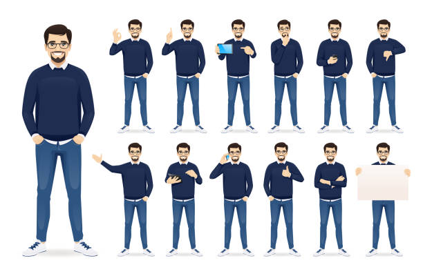 Man in casual clothes set Handsome business man in casual clothes standing in different poses set isolated vector illustration gesturing stock illustrations