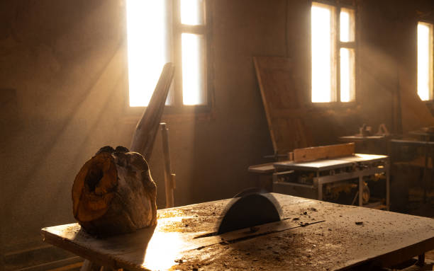 circular saw blade in an empty workshop ,wood cutting.
