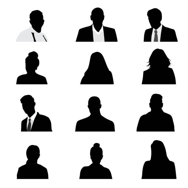 Head And Shoulders Zoom Call Participants Silhouette heads of a variety of people, useful for zoom meetings online man shadow head stock illustrations