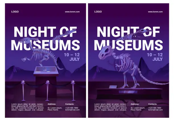 Vector illustration of Night of museums flyers with dinosaur skeletons