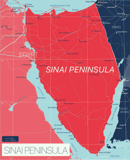 illustrazioni stock, clip art, cartoni animati e icone di tendenza di mappa modificabile dettagliata del paese della penisola del sinai - gulf of suez