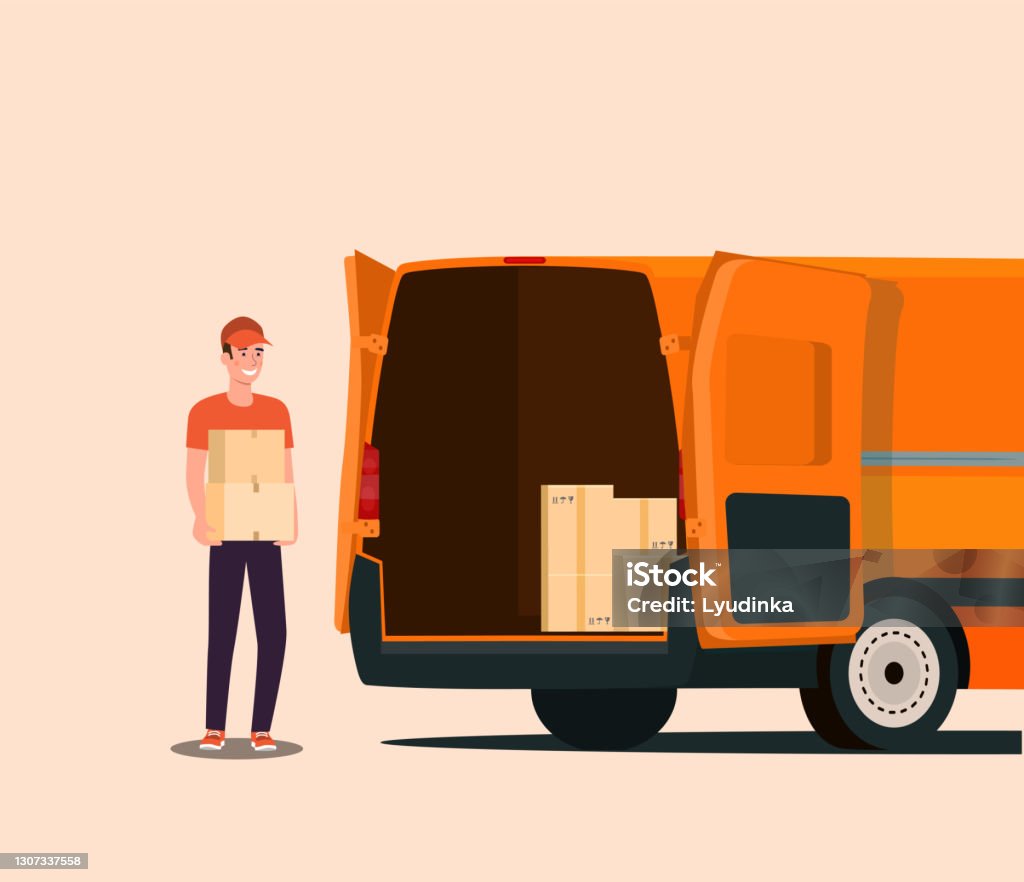 Van Loading Vector Worker Loads Boxes In A Cargo Van Vector Illustration Stock ...