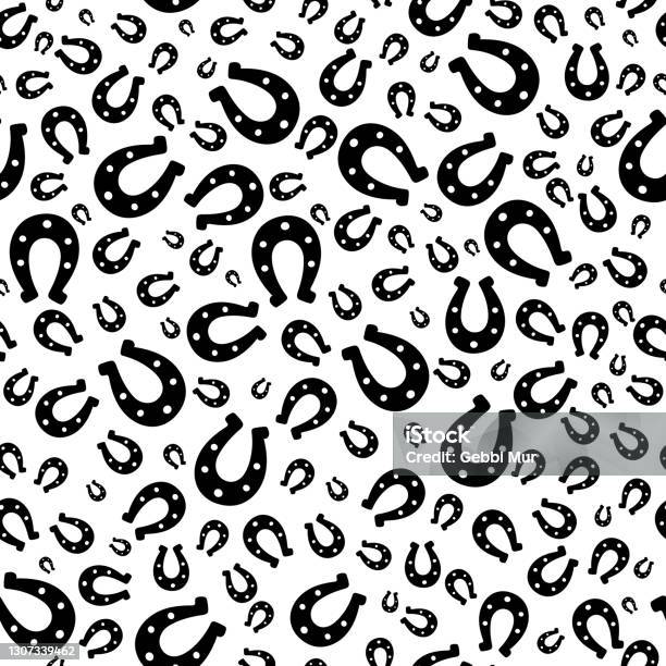 Silhouette Of A Happy Horseshoe Seamless Vector Pattern Endless Ornament Isolated Colorless Background Horse Shoes St Patricks Day Imitation Of Ink Drawing Flat Style Stock Illustration - Download Image Now