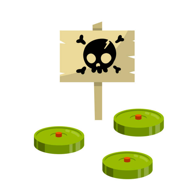 Minefield. Green mines. Bomb and weapons. Danger warning sign with skull. Hostility. Concept of threat and risk. Cartoon flat illustration Minefield. Green mines. Danger warning sign with skull. Hostility. Concept of threat and risk. Cartoon flat illustration. Bomb and weapons land mine stock illustrations