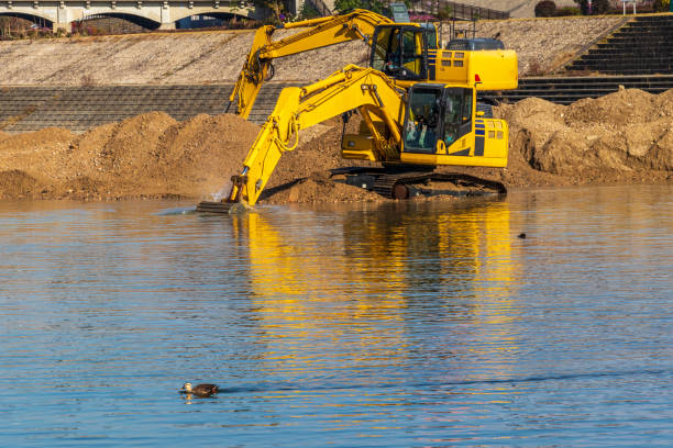 istock Hydraulic excavator with a duck at the riverbank 1307340663