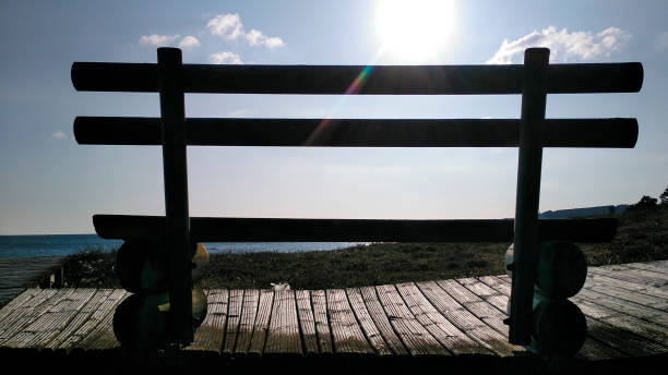istock Bench in front of sea, viewpoint at dusk. 1307343867