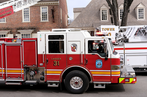 March 13, 2021, Williamsburg Virginia, USA  Fire engines from Jamestown and Williamsburg Virginia arrive on scene for a possible gas leak