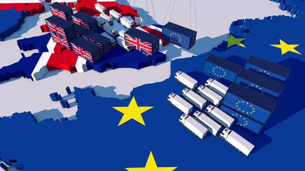 Trade between UK and EU. Trade between UK and EU. Trucks and containers face each other scotland border sign stock pictures, royalty-free photos & images
