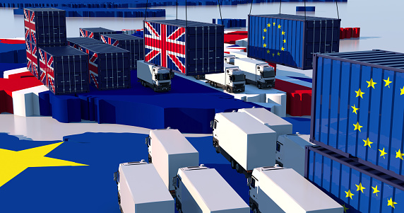 Trade between UK and EU.  Trucks and containers face each other