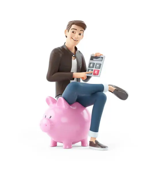 Photo of 3d cartoon man sitting on piggy bank with calculator