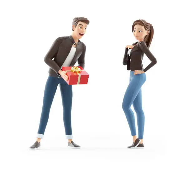 Photo of 3d cartoon man offering gift to woman