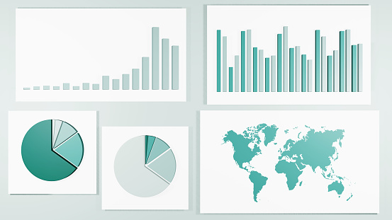 3D graphs, diagrams, charts, world map. Infographic elements.