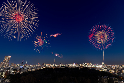 Fireworks in the night sky of a big city