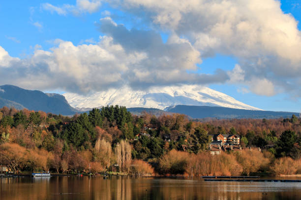 View of the volcano in the lake of Villarrica stock photo