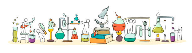 ilustrações, clipart, desenhos animados e ícones de experimento químico com pessoas pequenas trabalhando - microscope medical exam healthcare and medicine science