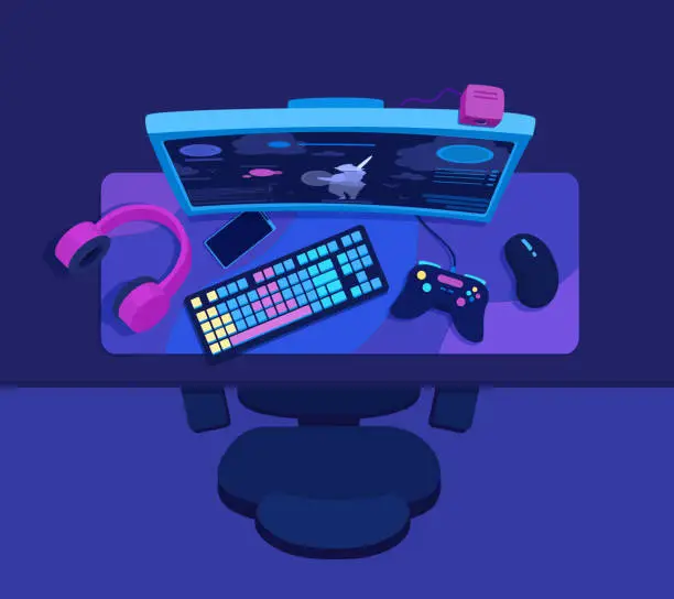Vector illustration of Gaming station. Gamer's desktop, workspace flat lay. PC video game equipment. Desk of a computer player.