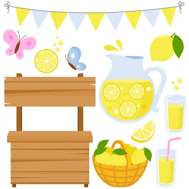 Vector illustration of Wooden lemonade stand and lemon juice set. Vector illustration