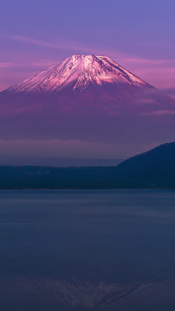 4k timelapse of Fuji mountain with lake front in vertical compostion