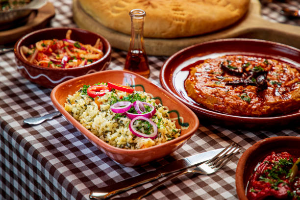 istock Focus on rice pilaf on fasting buffet in rustic restaurant 1307353608