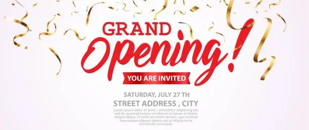 Vector illustration of Grand opening card design with gold and red ribbon with confetti