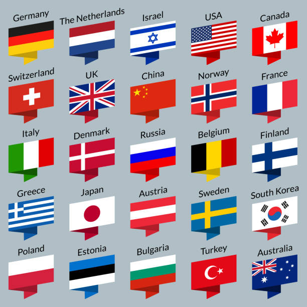 플래그 아이콘 집합입니다. 종이 접기 스타일로 세계의 국기. 다른 국가 및 국가 상징. 벡터 그림입니다. - austria flag europe national flag stock illustrations