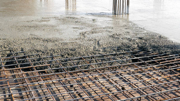 Closeup of steel reinforcement on the floor for pouring concrete stock photo