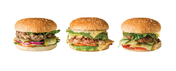 istock Set of three different burgers with beef, chicken, cheese, onions and tomatoes 1307357331