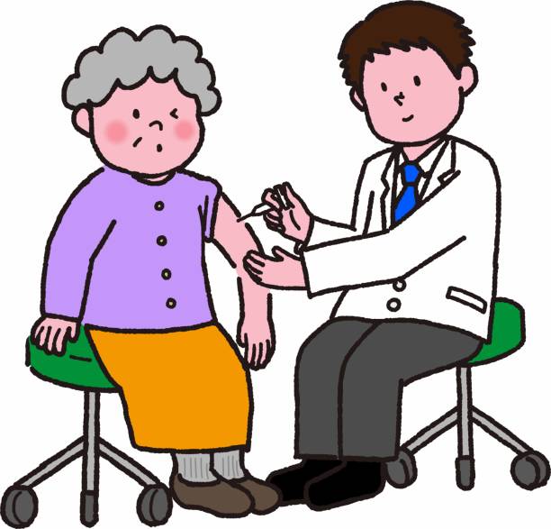 Doctor vaccinations for throbbing elderly woman Doctor vaccinations for throbbing elderly woman senior getting flu shot stock illustrations