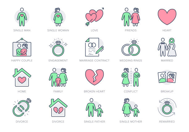 Relationship status line icons. Vector illustration include icon - husband, , wife, marriage, rings, divorce, wedding outline pictogram for marital condition. Green and Red Color, Editable Stroke Relationship status line icons. Vector illustration include icon - husband, , wife, marriage, rings, divorce, wedding outline pictogram for marital condition. Green and Red Color, Editable Stroke. bachelor stock illustrations