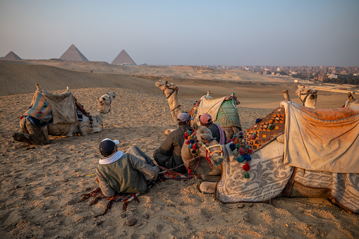 02/21/2021 Giza, Egypt\nSunset camp near the pyramids, men holding the camels