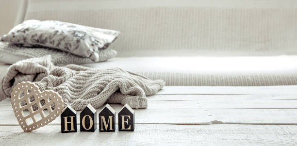 istock Cozy composition in Scandinavian style with decorative word home and decor details copy space. 1307365308