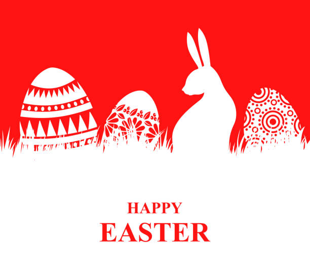 ilustrações de stock, clip art, desenhos animados e ícones de easter card with decorative eggs on the grass and rabbit - easter eggs red