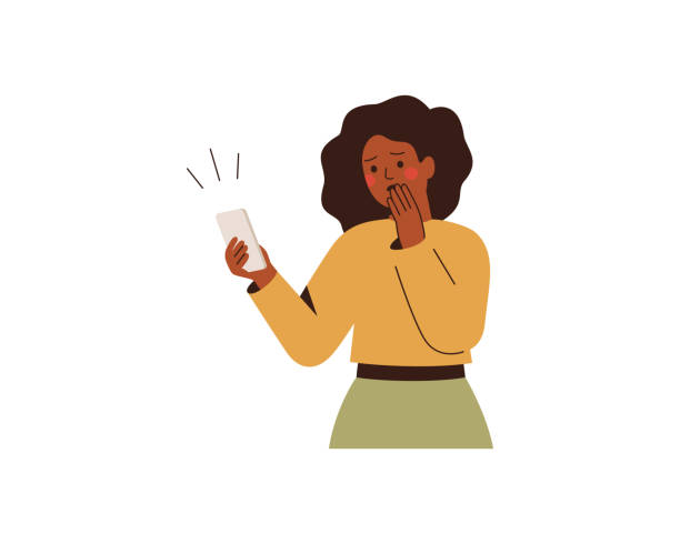 ilustrações, clipart, desenhos animados e ícones de mulher negra chocada olha para o celular com medo e ansiedade. garota afro-americana olha para seu smartphone com uma expressão incrível. - shock