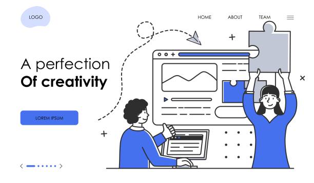 Woman helps programmer to find solution in coding Woman helps programmer to find solution in coding. Flat abstract outline vector illustration concept. Simple line art on isolated white background. website, web page, landing page, ui template design. game developer stock illustrations