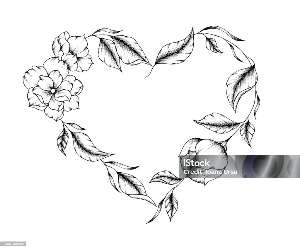 Hand Gezeichnet Blühende Herz Kranz Schwarze Blumen Herz Linie Kunst