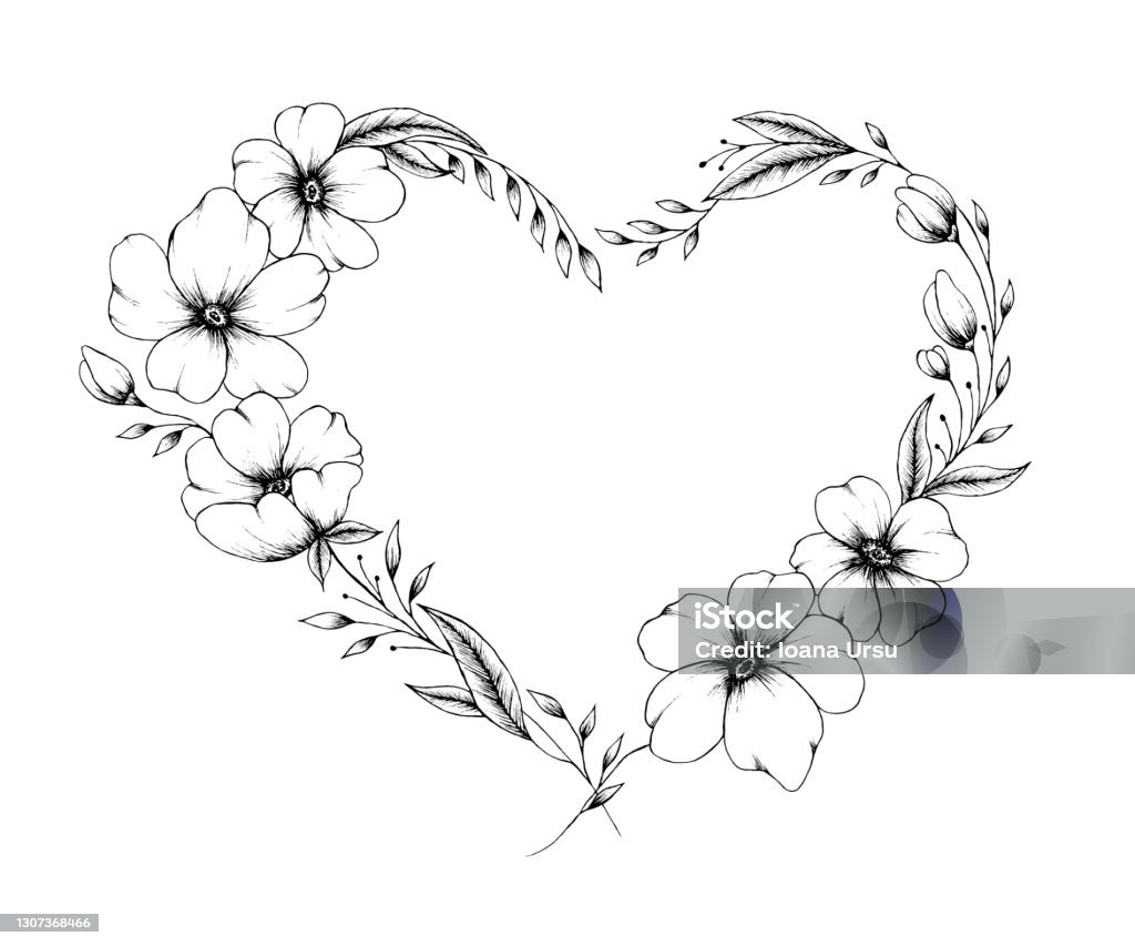 Hand Gezeichnet Umreißenblühende Herzillustration Mit Floralen Hand Gezeichnet Umreißenblühende Herzillustration Mit Floralen