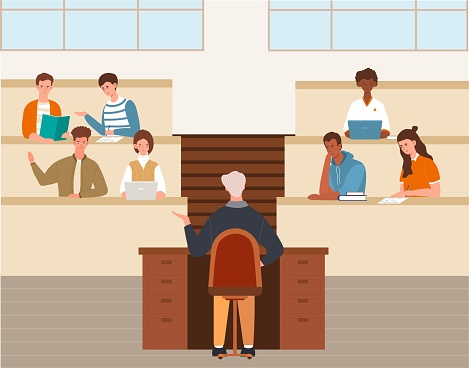 University lecture, higher education, school lesson concept. Multiracial college students and teacher characters. Flat vector illustration. Learning process, studying pupils and tutor in auditorium