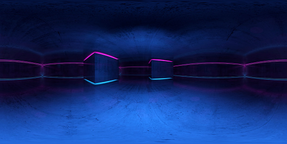 Panorama de 360 grados. Interior oscuro con luces de neón photo