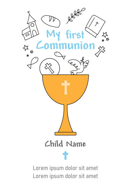 First communion card. Chalice with religion icons. First communion card. Chalice with religion icons. Isolated vector communion stock illustrations