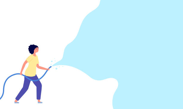 Water festival banner. Songkran party, woman watering with hose. Summer gardening time, splash poster. Seasonal activity utter vector background Water festival banner. Songkran party, woman watering with hose. Summer gardening time, splash poster. Seasonal activity utter vector background. Illustration thailand festival, water splash water hose stock illustrations